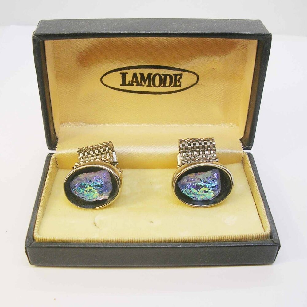 Vintage Cufflinks Mesh Wrap Around LAMODE Aurora Borealis Crystal Glass